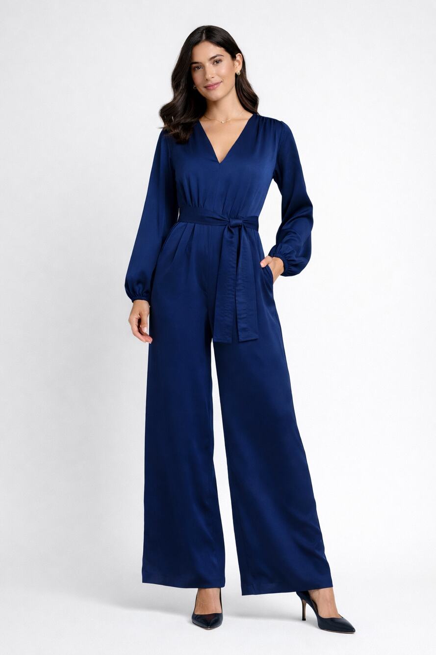 Ann Taylor V Neck Long Sleeve Satin Jumpsuit Deep Ocean Blue Womens Size 8 New